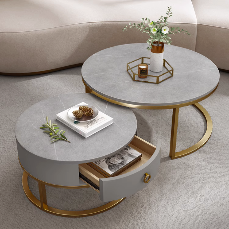 マーブル調ゴールドダブルローテーブル