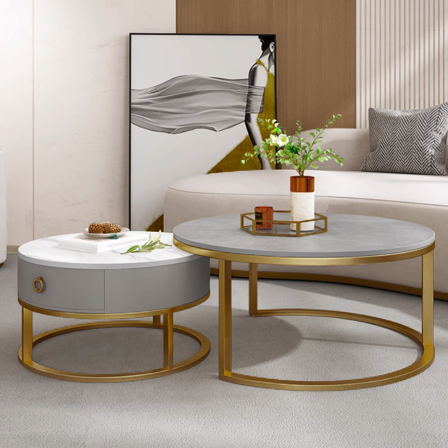 マーブル調ゴールドダブルローテーブル