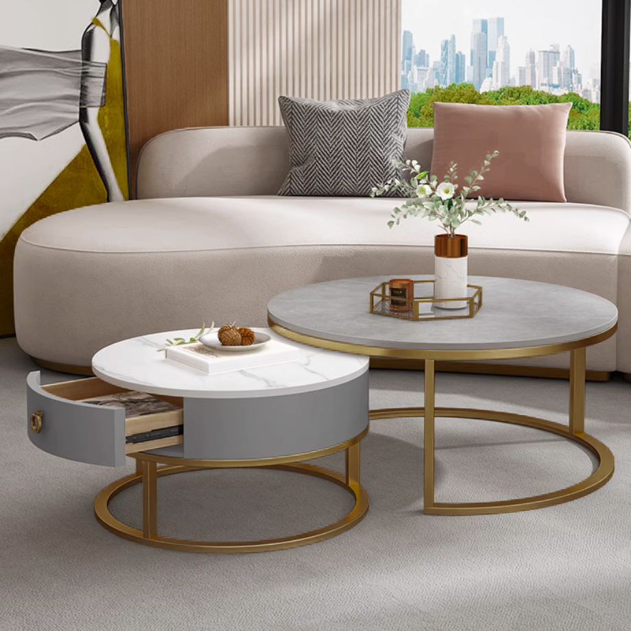 マーブル調ゴールドダブルローテーブル