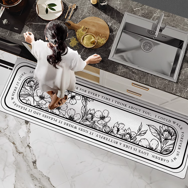 モノトーンフラワーデザインキッチンマット