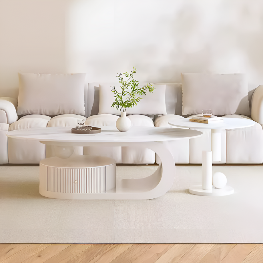 クリームホワイトマーブル調コーヒーテーブル