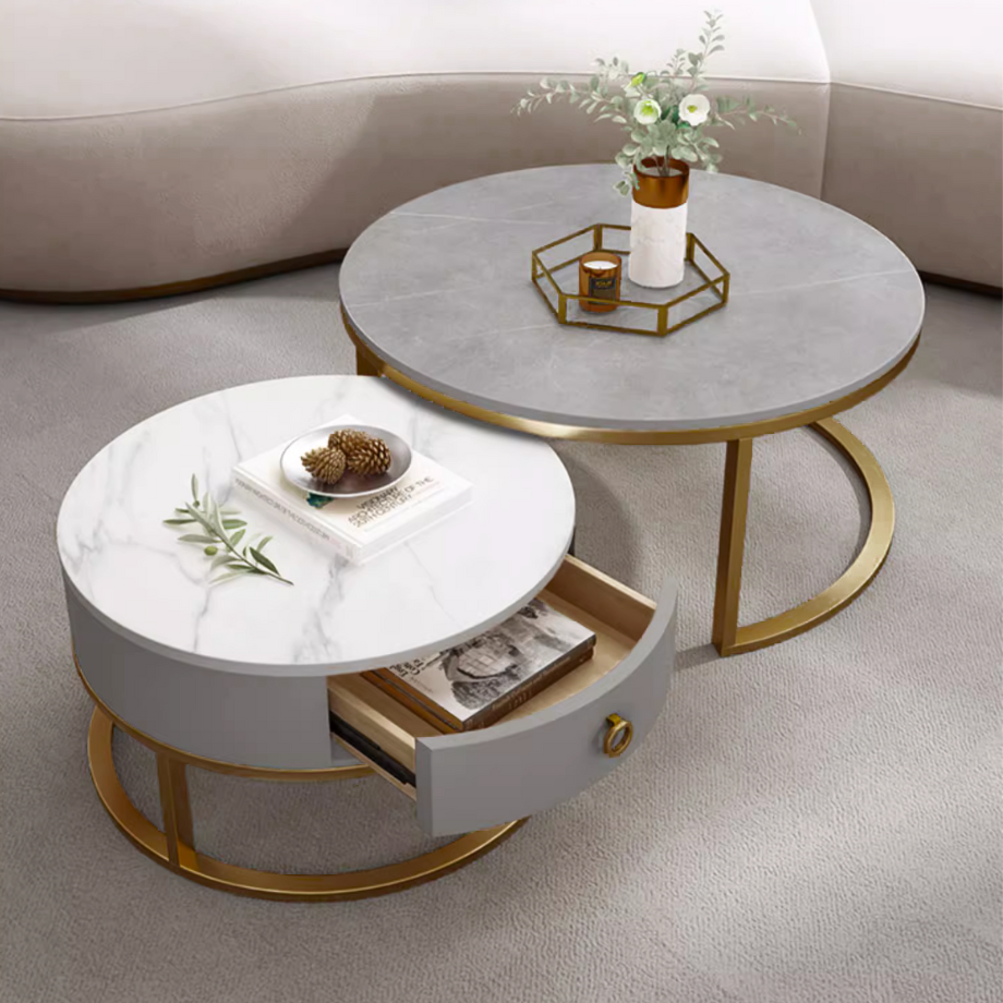 マーブル調ゴールドダブルローテーブル