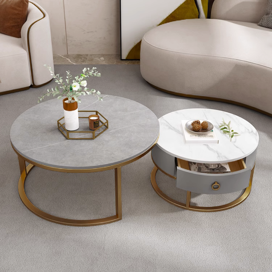 マーブル調ゴールドダブルローテーブル