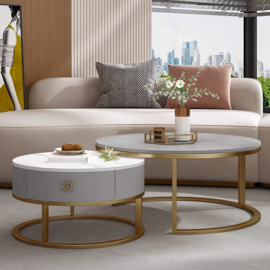 マーブル調ゴールドダブルローテーブル