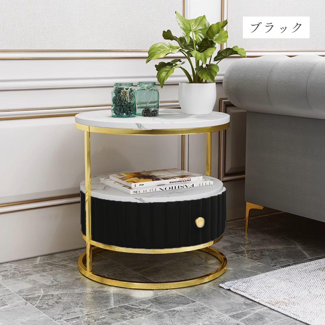 収納付きマーブル柄ラウンドテーブル