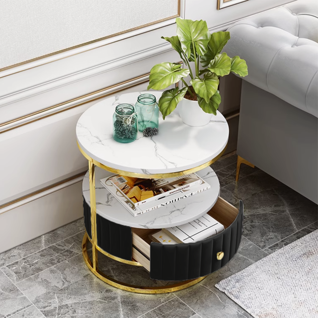 収納付きマーブル柄ラウンドテーブル