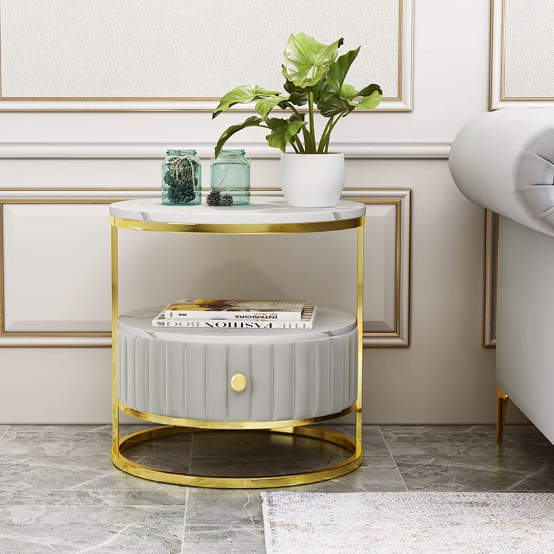 収納付きマーブル柄ラウンドテーブル