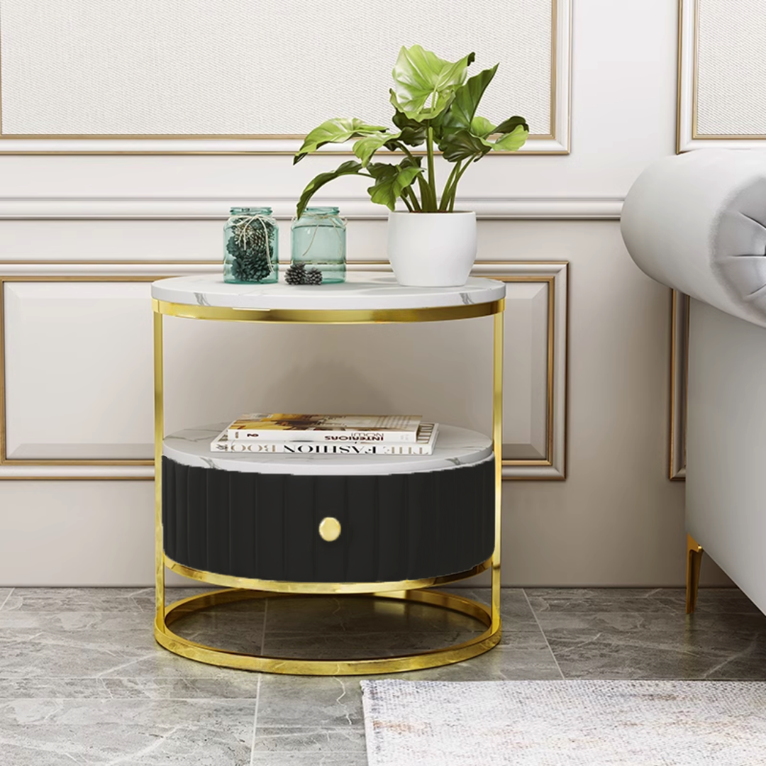 収納付きマーブル柄ラウンドテーブル